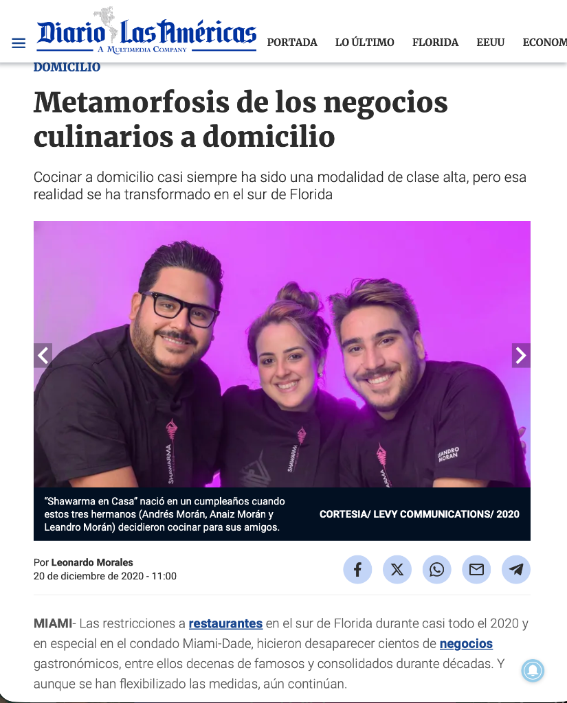 Captura del reportaje de Diario Las Américas sobre Shawarma en Casa con el membrete oficial del periódico