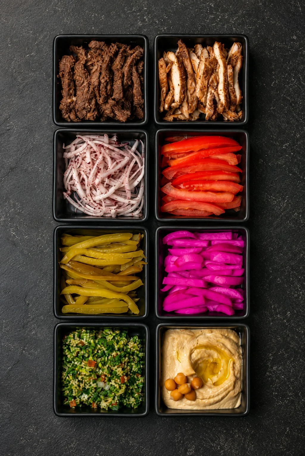 Selección de carne, pollo, vegetales, encurtidos, tabulé y hummus